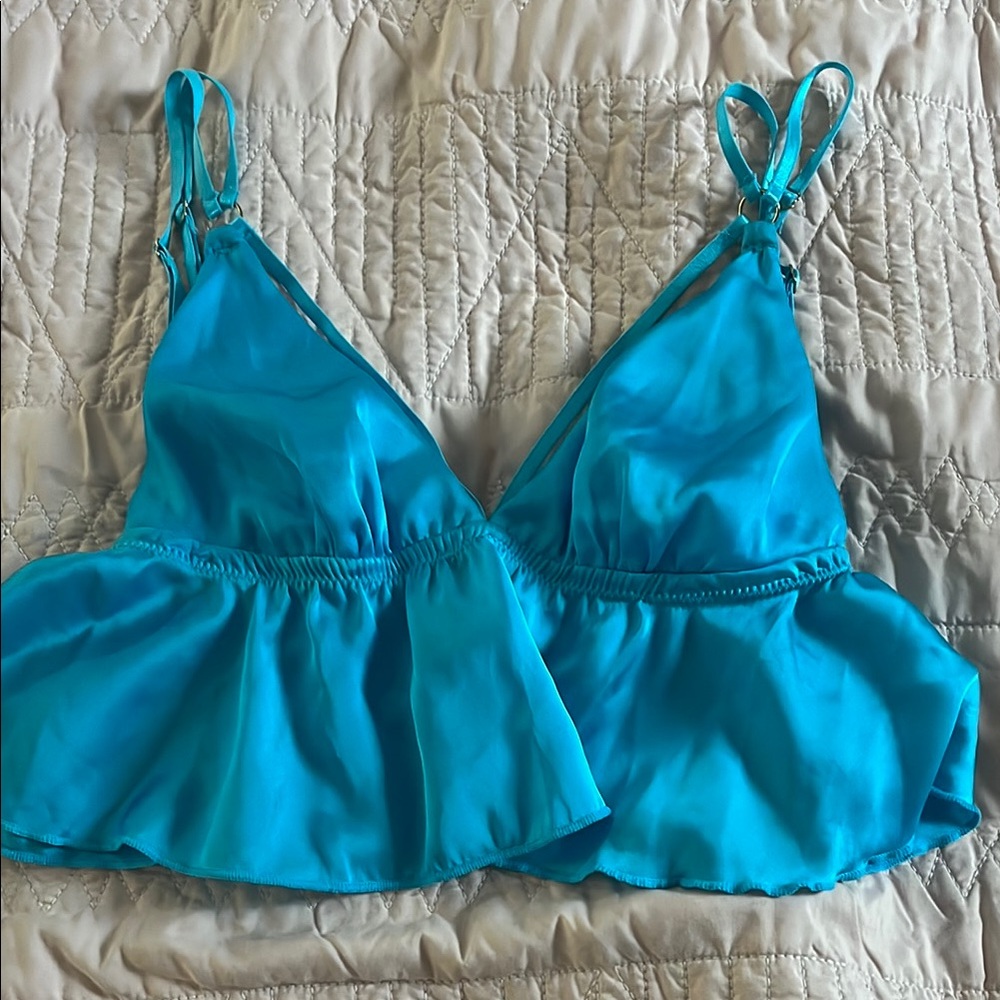 Y2k Vibrant Blue Satin Peplum Top